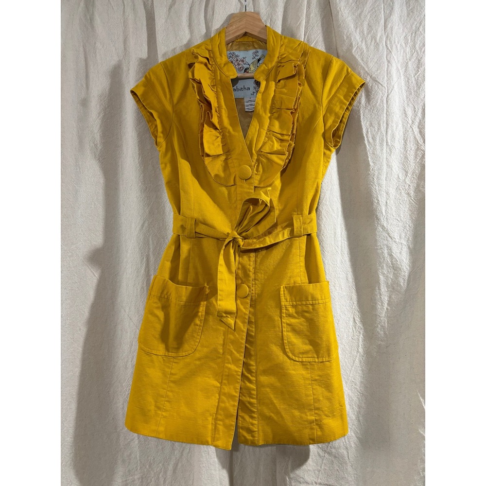 Tabitha Anthropologie Yellow Ruffle V-Neck Belted Shift Dress Y2K Vintage 4